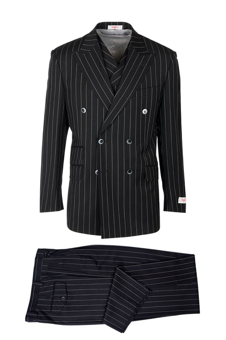 Tiglio Italian Suit - Real Wool Fabric Super 150's EST Pinstripe, Wide Leg Suit & Vest in Color Black