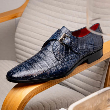 Marco Di Milano Rovigo Men's Shoes Navy Exotic Crocodile Skin Single Monk-strap Loafers - Image 9