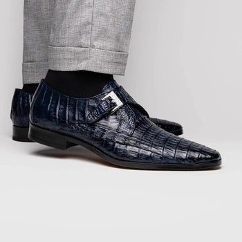 Marco Di Milano Rovigo Men's Shoes Navy Exotic Crocodile Skin Single Monk-strap Loafers - Image 7