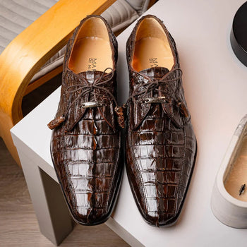 Marco Di Milano Cancun Men's Shoes Brown Exotic Hornback Crocodile Skin Derby Oxfords - Image 9