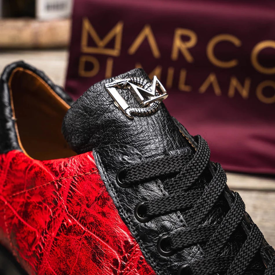 Marco Di Milano Saulo Men's Shoes Black & Red Exotic Ostich / Alligator Casual Sneakers - Image 4