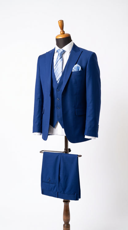 Men’s Royal Blue 3 Piece Vested Suit, 2 Button Peak Lapel Formal Wedding Prom Business Suit