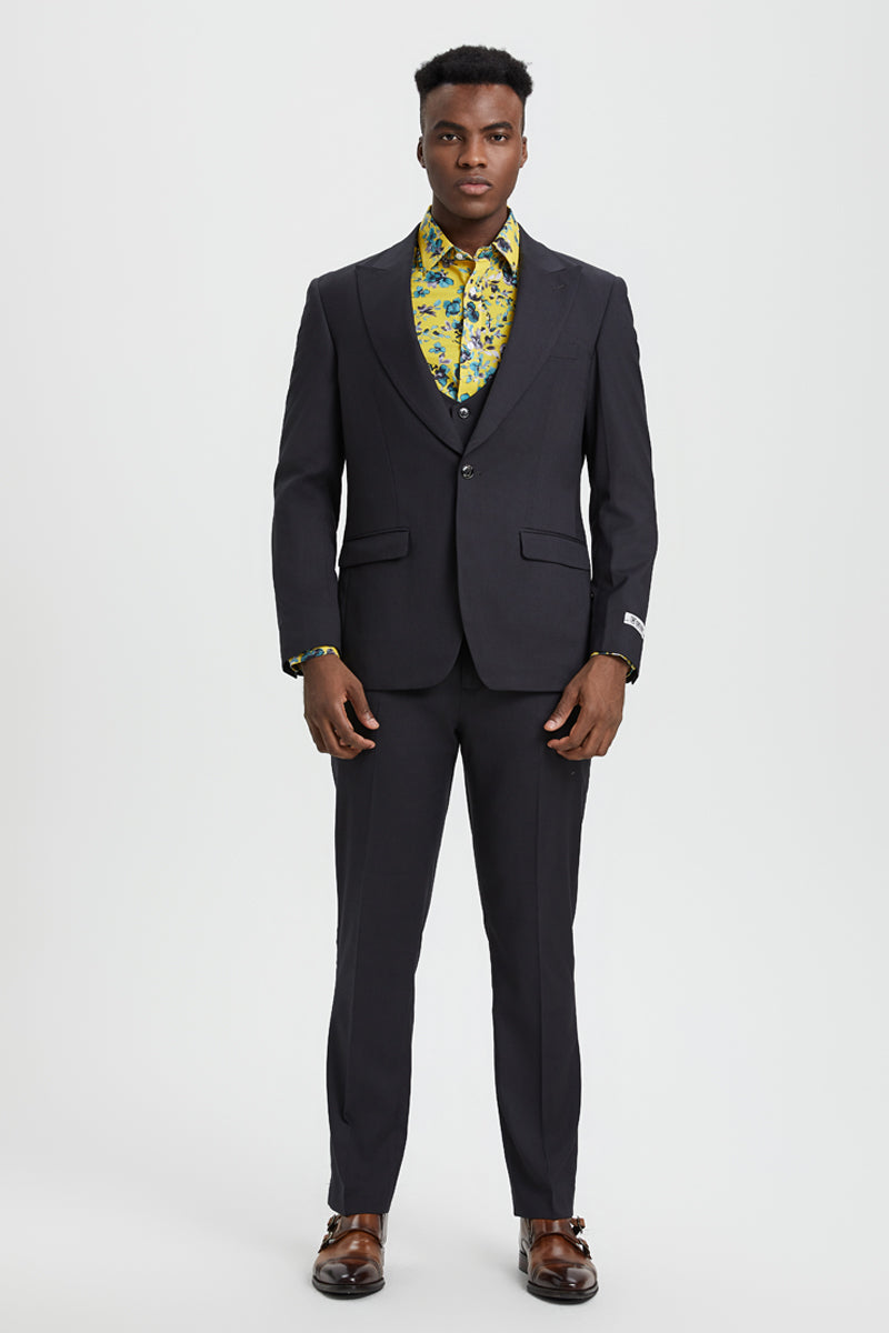 Men's Vested One Button Peak Lapel Stacy Adams Designer Suit in Charcoal - Image 3