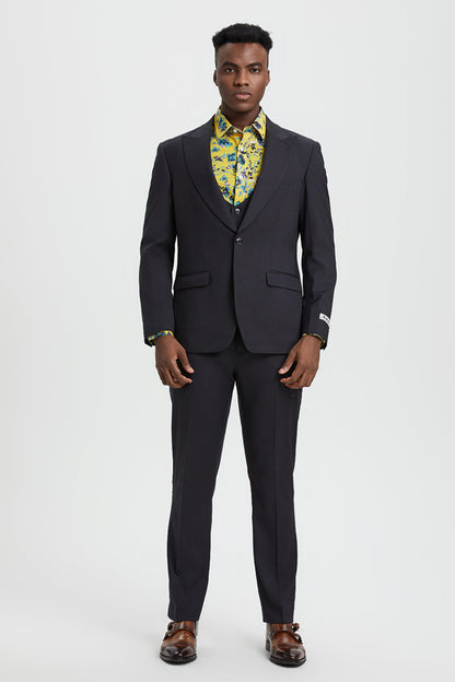 Men's Vested One Button Peak Lapel Stacy Adams Designer Suit in Charcoal - Image 3