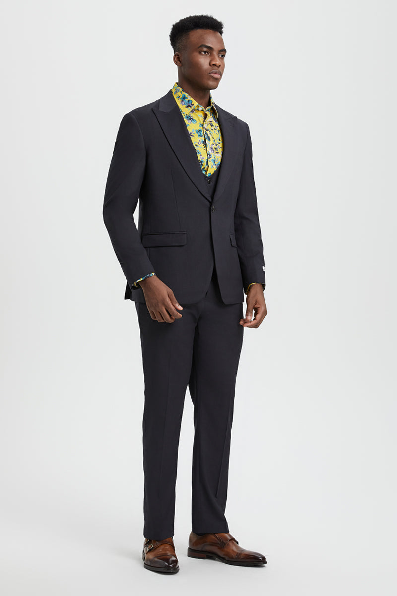 Men's Vested One Button Peak Lapel Stacy Adams Designer Suit in Charcoal - Image 4