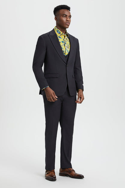 Men's Vested One Button Peak Lapel Stacy Adams Designer Suit in Charcoal - Image 4