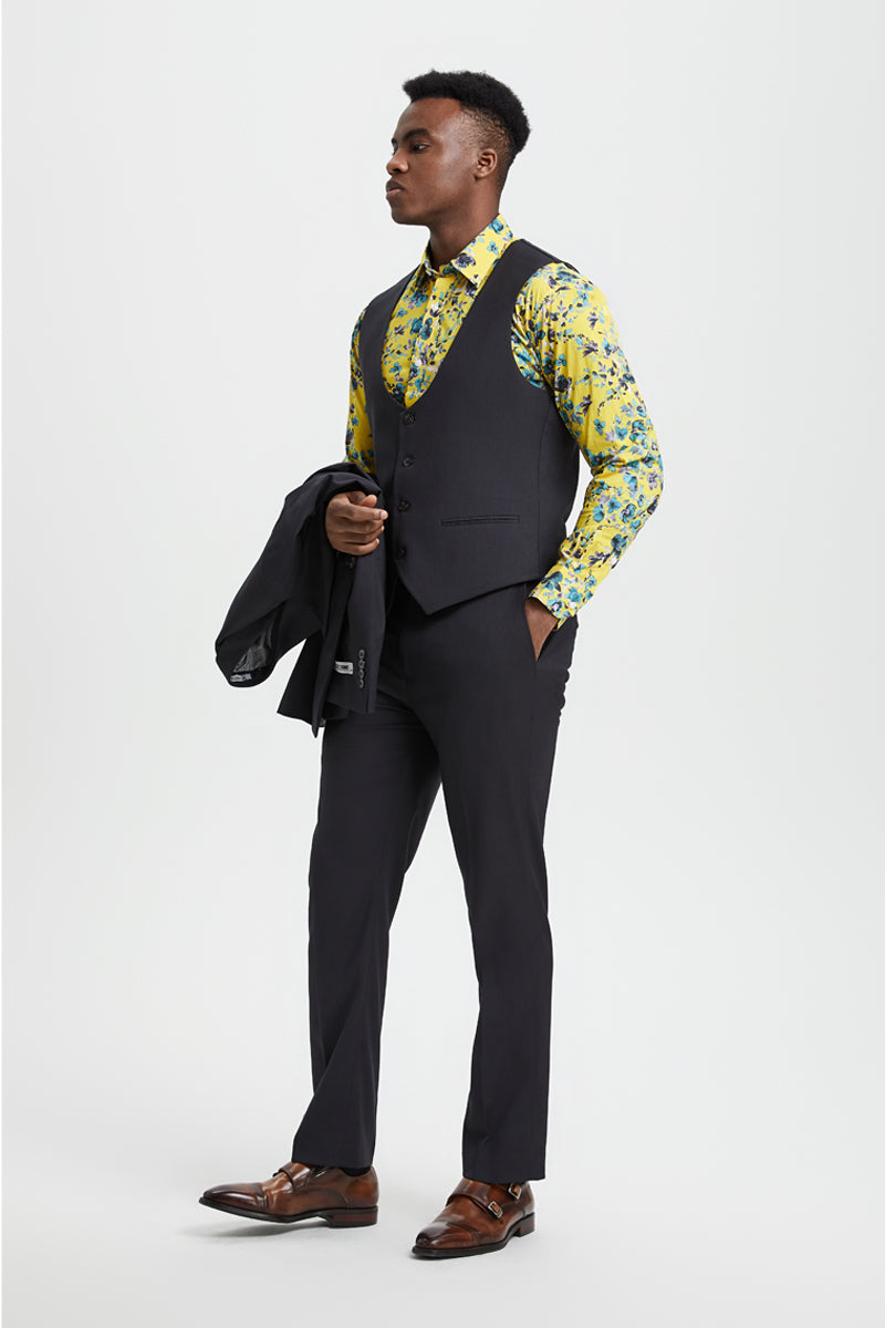 Men's Vested One Button Peak Lapel Stacy Adams Designer Suit in Charcoal - Image 5