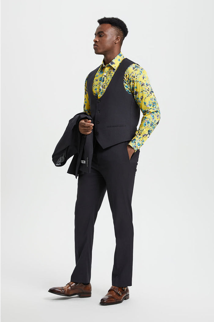 Men's Vested One Button Peak Lapel Stacy Adams Designer Suit in Charcoal - Image 5