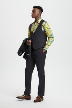 Men's Vested One Button Peak Lapel Stacy Adams Designer Suit in Charcoal - Image 5