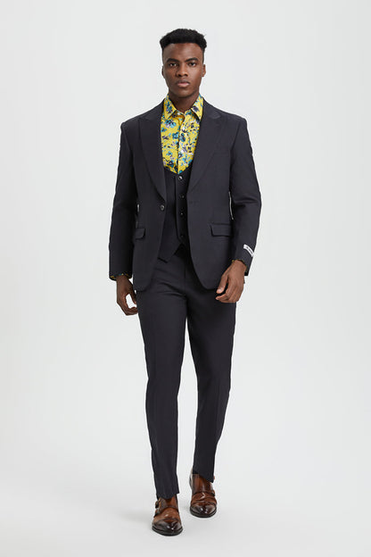 Men's Vested One Button Peak Lapel Stacy Adams Designer Suit in Charcoal - Image 2