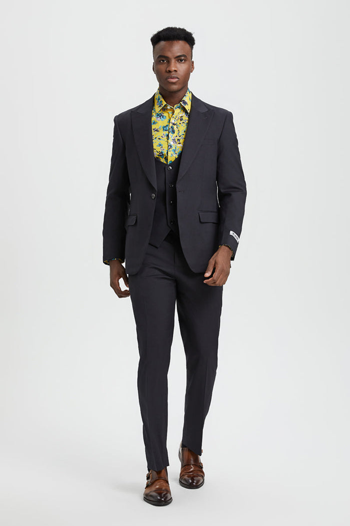Men's Vested One Button Peak Lapel Stacy Adams Designer Suit in Charcoal - Image 2