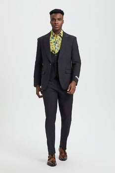 Men's Vested One Button Peak Lapel Stacy Adams Designer Suit in Charcoal - Image 2