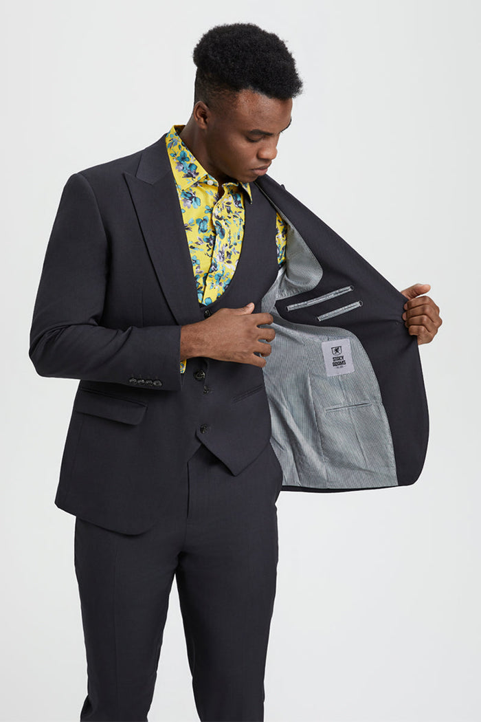 Men's Vested One Button Peak Lapel Stacy Adams Designer Suit in Charcoal - Image 6