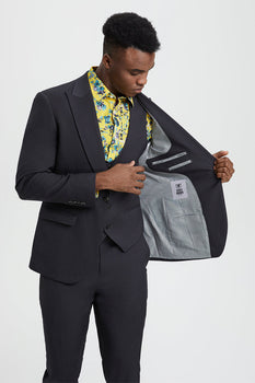 Men's Vested One Button Peak Lapel Stacy Adams Designer Suit in Charcoal - Image 6