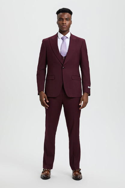Men's Vested One Button Peak Lapel Stacy Adams Designer Suit in Burgundy - Image 2