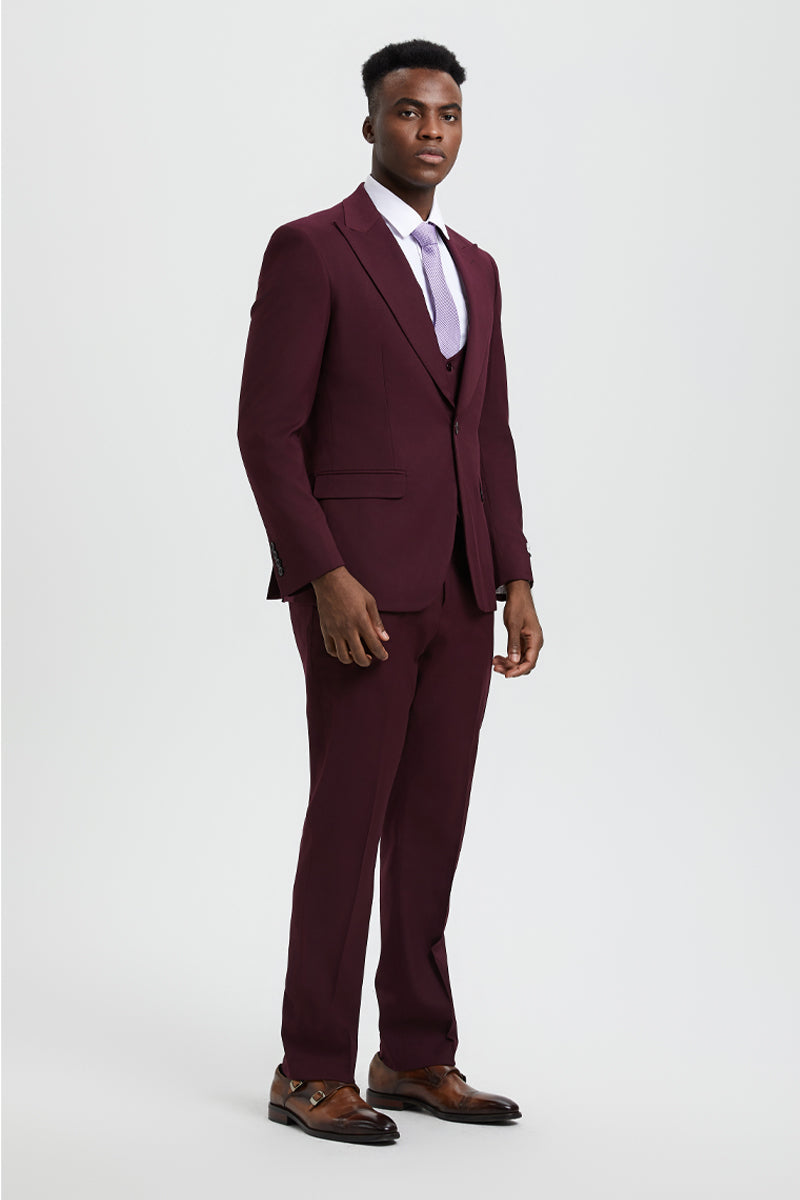 Men's Vested One Button Peak Lapel Stacy Adams Designer Suit in Burgundy - Image 3