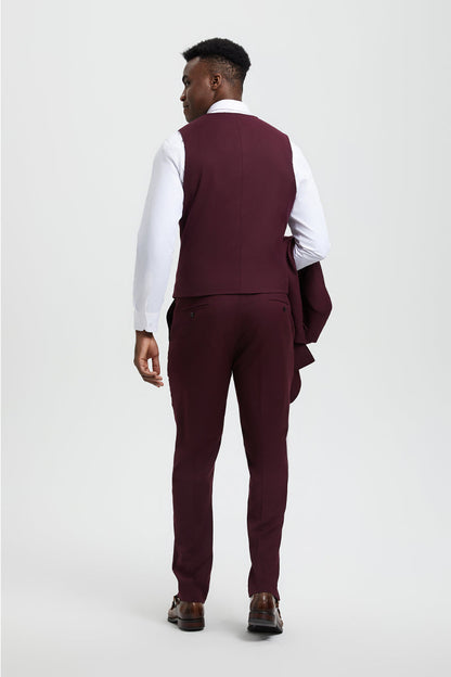 Men's Vested One Button Peak Lapel Stacy Adams Designer Suit in Burgundy - Image 4