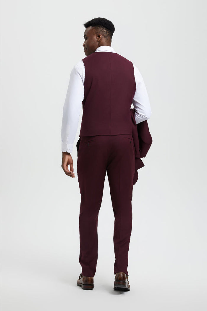 Men's Vested One Button Peak Lapel Stacy Adams Designer Suit in Burgundy - Image 4