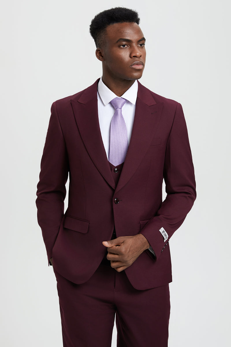 Men's Vested One Button Peak Lapel Stacy Adams Designer Suit in Burgundy - Image 5
