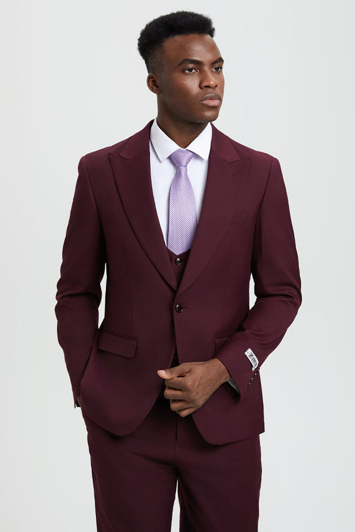 Men's Vested One Button Peak Lapel Stacy Adams Designer Suit in Burgundy - Image 5