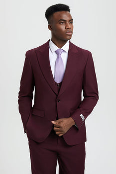 Men's Vested One Button Peak Lapel Stacy Adams Designer Suit in Burgundy - Image 5