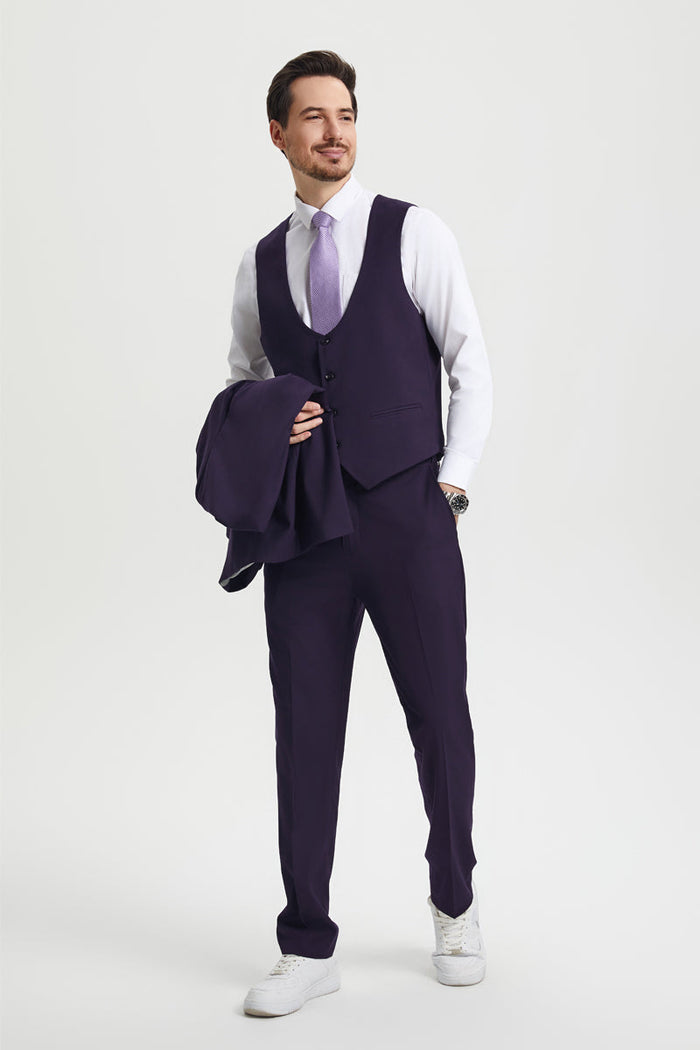 Men's Vested One Button Peak Lapel Stacy Adams Designer Suit in Eggplant - Image 3
