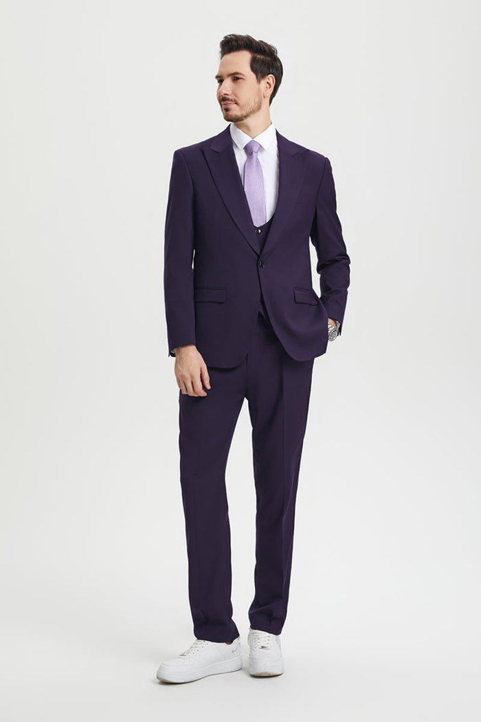 Men's Vested One Button Peak Lapel Stacy Adams Designer Suit in Eggplant - Image 4