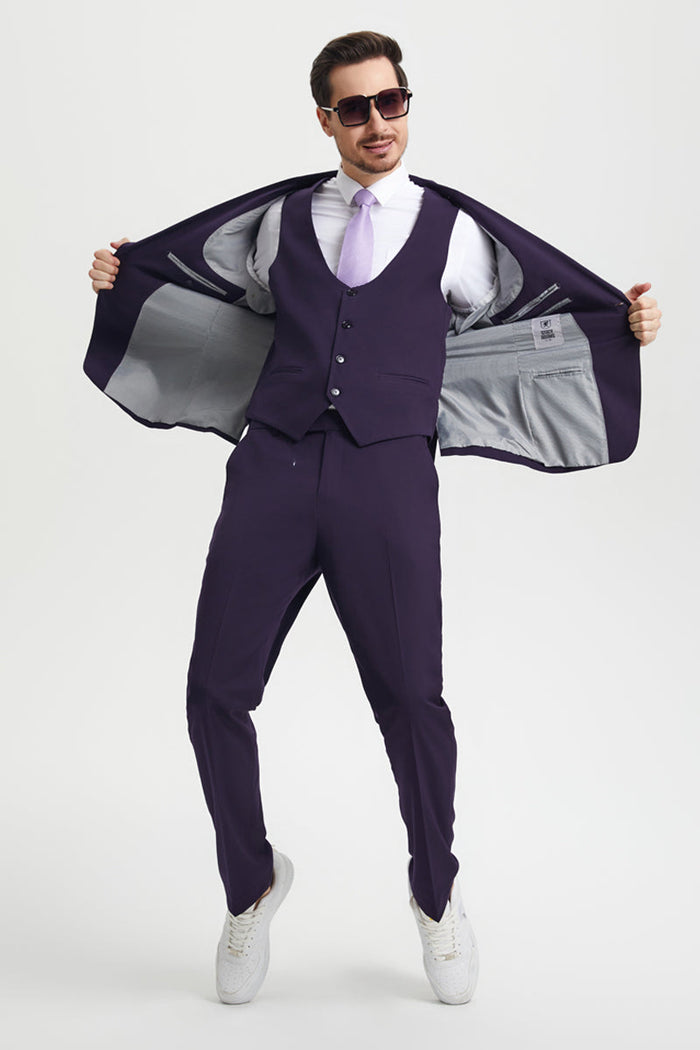 Men's Vested One Button Peak Lapel Stacy Adams Designer Suit in Eggplant - Image 7
