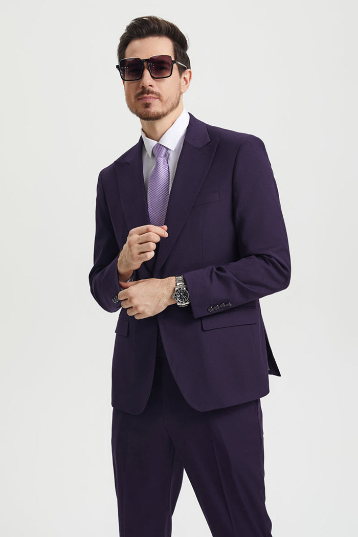 Men's Vested One Button Peak Lapel Stacy Adams Designer Suit in Eggplant - Image 6