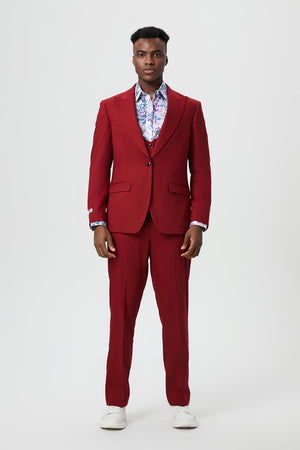 Men's Vested One Button Peak Lapel Stacy Adams Designer Suit in Cherry Red - Image 2