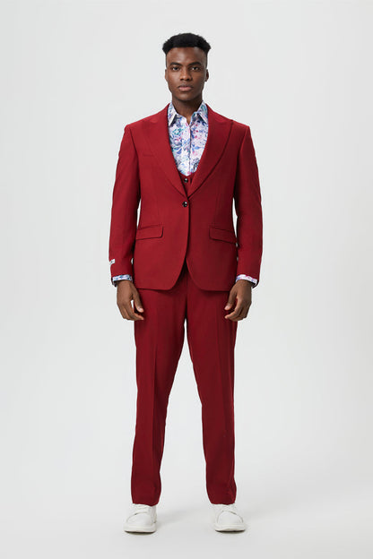 Men's Vested One Button Peak Lapel Stacy Adams Designer Suit in Cherry Red - Image 2