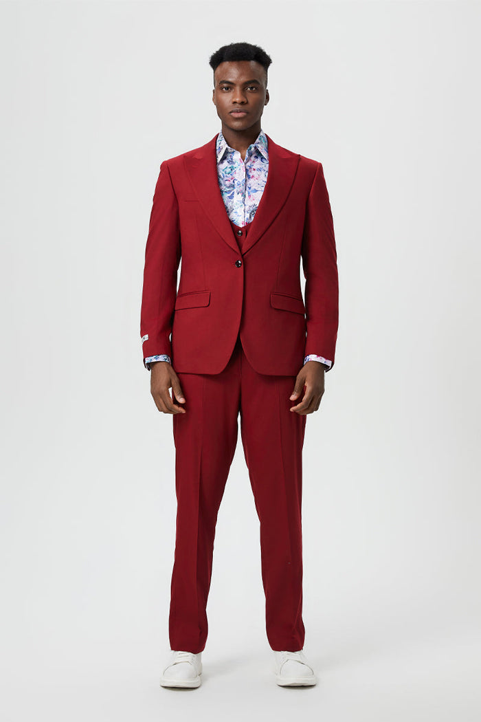 Men's Vested One Button Peak Lapel Stacy Adams Designer Suit in Cherry Red - Image 2