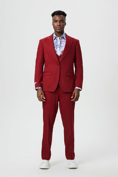 Men's Vested One Button Peak Lapel Stacy Adams Designer Suit in Cherry Red - Image 2