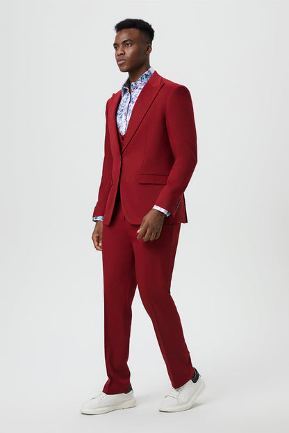 Men's Vested One Button Peak Lapel Stacy Adams Designer Suit in Cherry Red - Image 3
