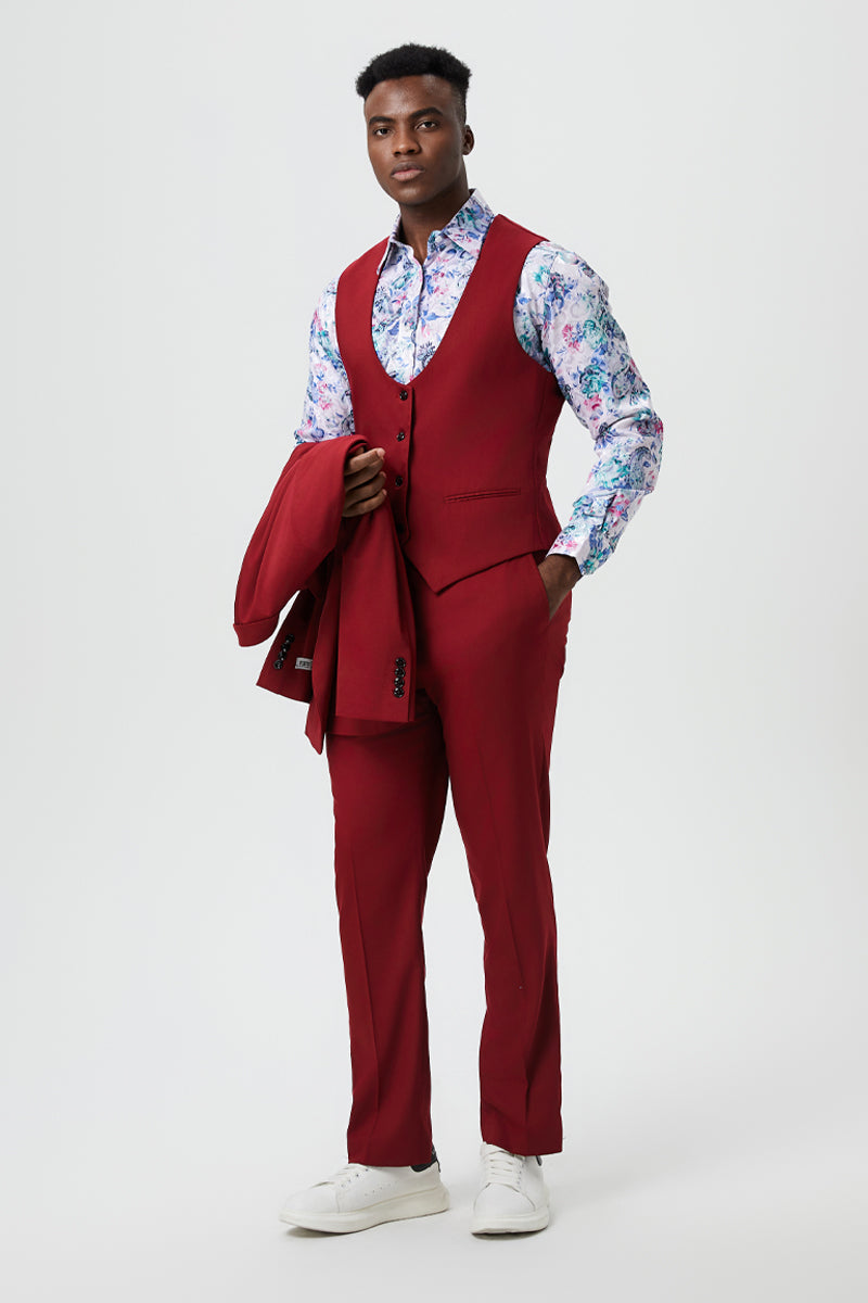 Men's Vested One Button Peak Lapel Stacy Adams Designer Suit in Cherry Red - Image 4