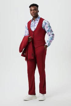 Men's Vested One Button Peak Lapel Stacy Adams Designer Suit in Cherry Red - Image 4