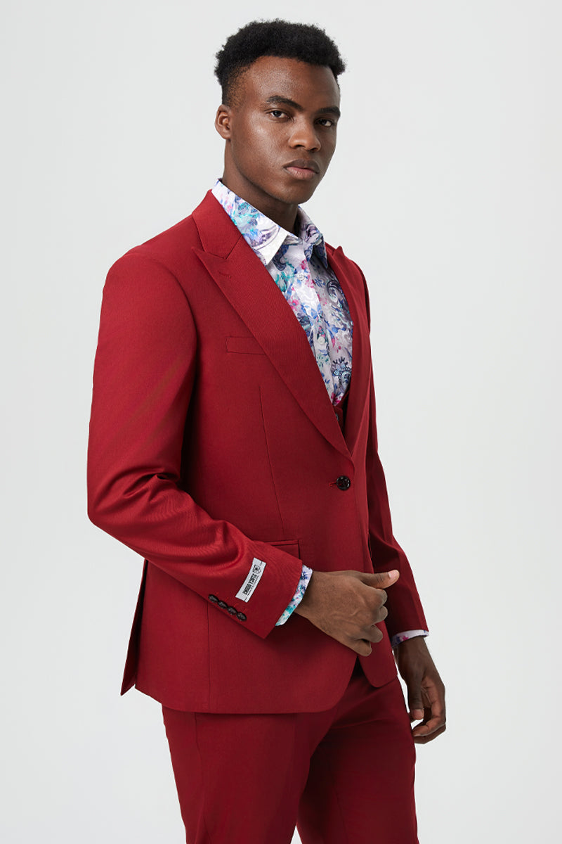 Men's Vested One Button Peak Lapel Stacy Adams Designer Suit in Cherry Red - Image 5