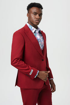 Men's Vested One Button Peak Lapel Stacy Adams Designer Suit in Cherry Red - Image 5