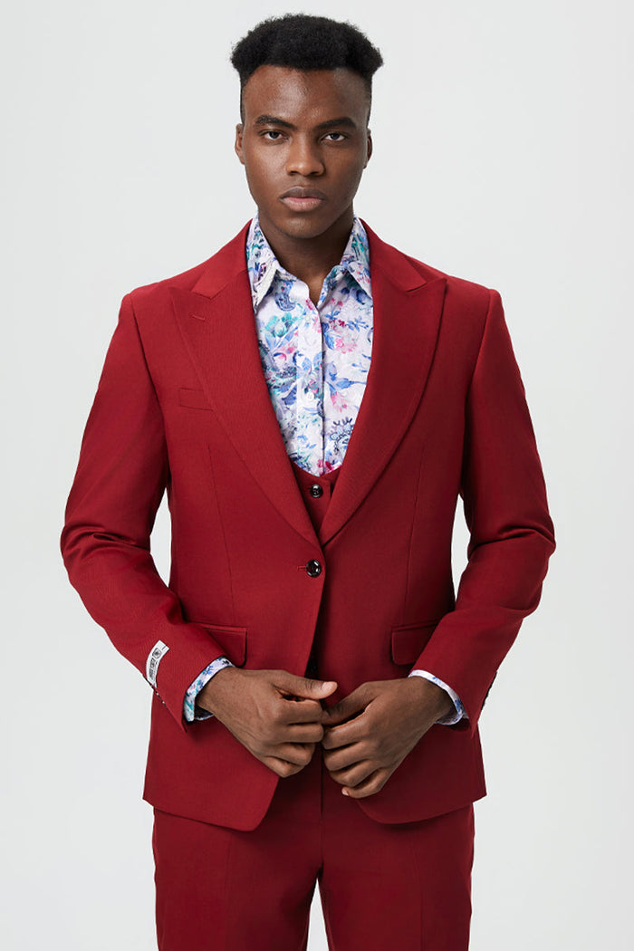 Men's Vested One Button Peak Lapel Stacy Adams Designer Suit in Cherry Red