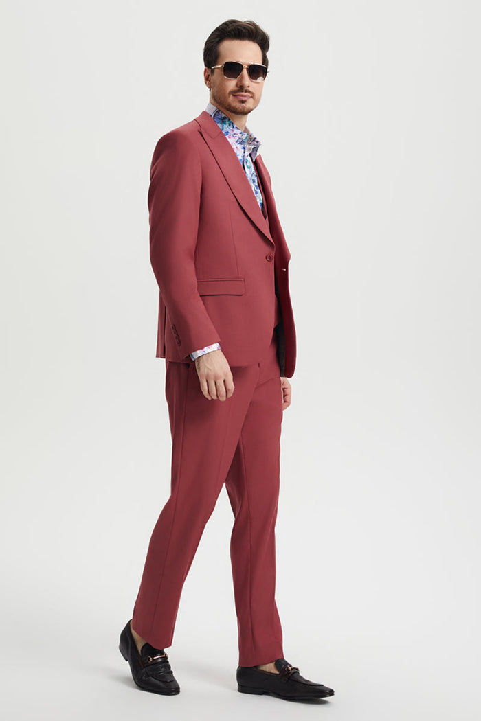 Men's Vested One Button Peak Lapel Stacy Adams Designer Suit in Coral Blush Pink - Image 2