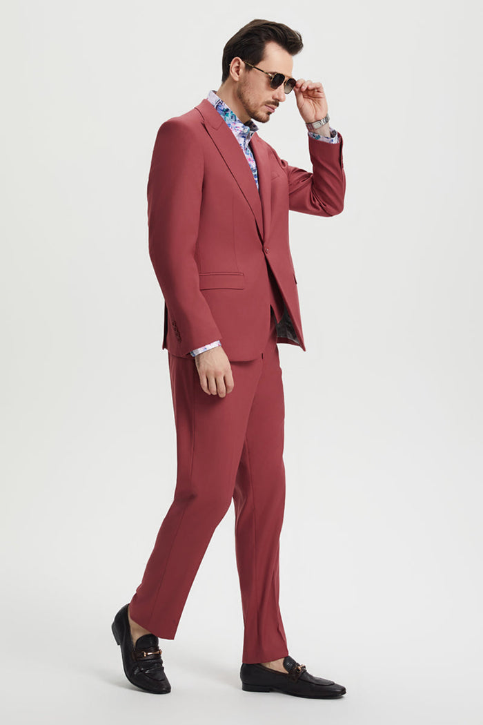 Men's Vested One Button Peak Lapel Stacy Adams Designer Suit in Coral Blush Pink - Image 3