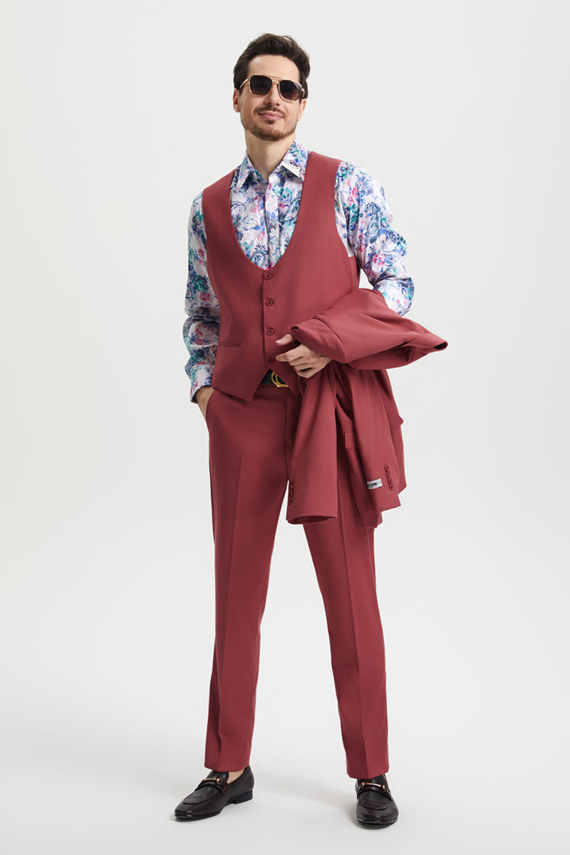 Men's Vested One Button Peak Lapel Stacy Adams Designer Suit in Coral Blush Pink - Image 4