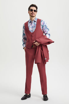 Men's Vested One Button Peak Lapel Stacy Adams Designer Suit in Coral Blush Pink - Image 4