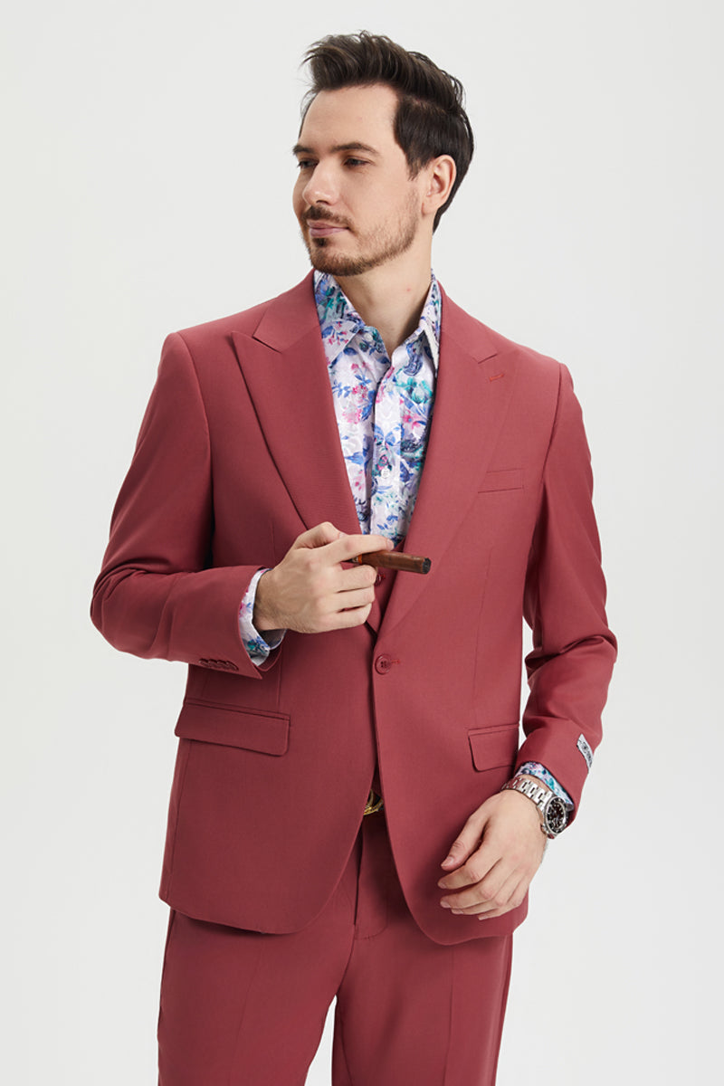 Men's Vested One Button Peak Lapel Stacy Adams Designer Suit in Coral Blush Pink - Image 5