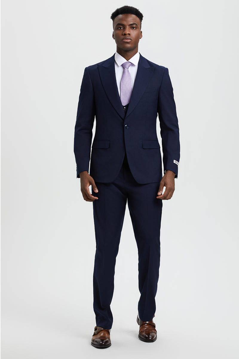 Men's Vested One Button Peak Lapel Stacy Adams Designer Suit in Navy Blue - Image 2
