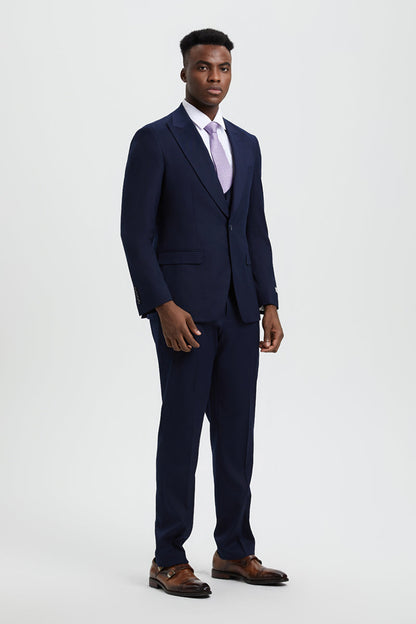 Men's Vested One Button Peak Lapel Stacy Adams Designer Suit in Navy Blue - Image 3