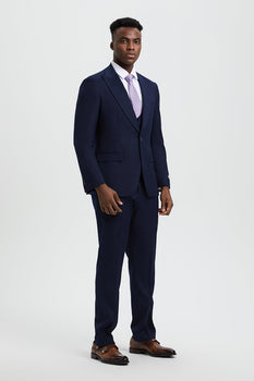 Men's Vested One Button Peak Lapel Stacy Adams Designer Suit in Navy Blue - Image 3