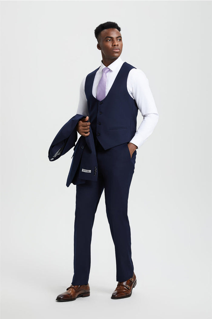 Men's Vested One Button Peak Lapel Stacy Adams Designer Suit in Navy Blue - Image 4