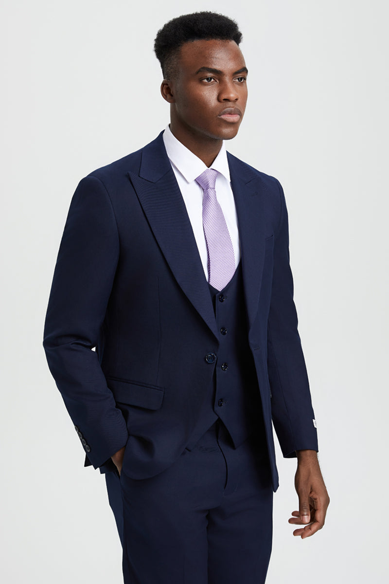 Men's Vested One Button Peak Lapel Stacy Adams Designer Suit in Navy Blue - Image 5