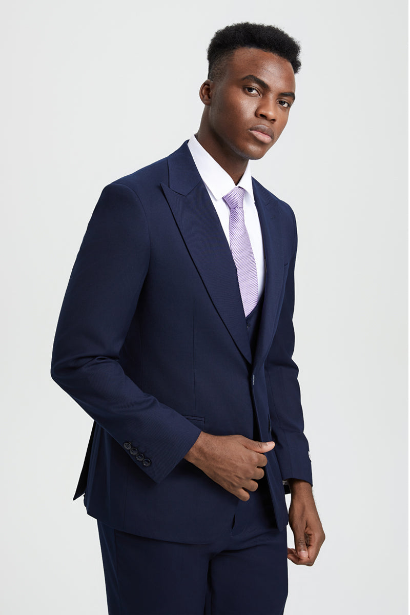 Men's Vested One Button Peak Lapel Stacy Adams Designer Suit in Navy Blue - Image 6